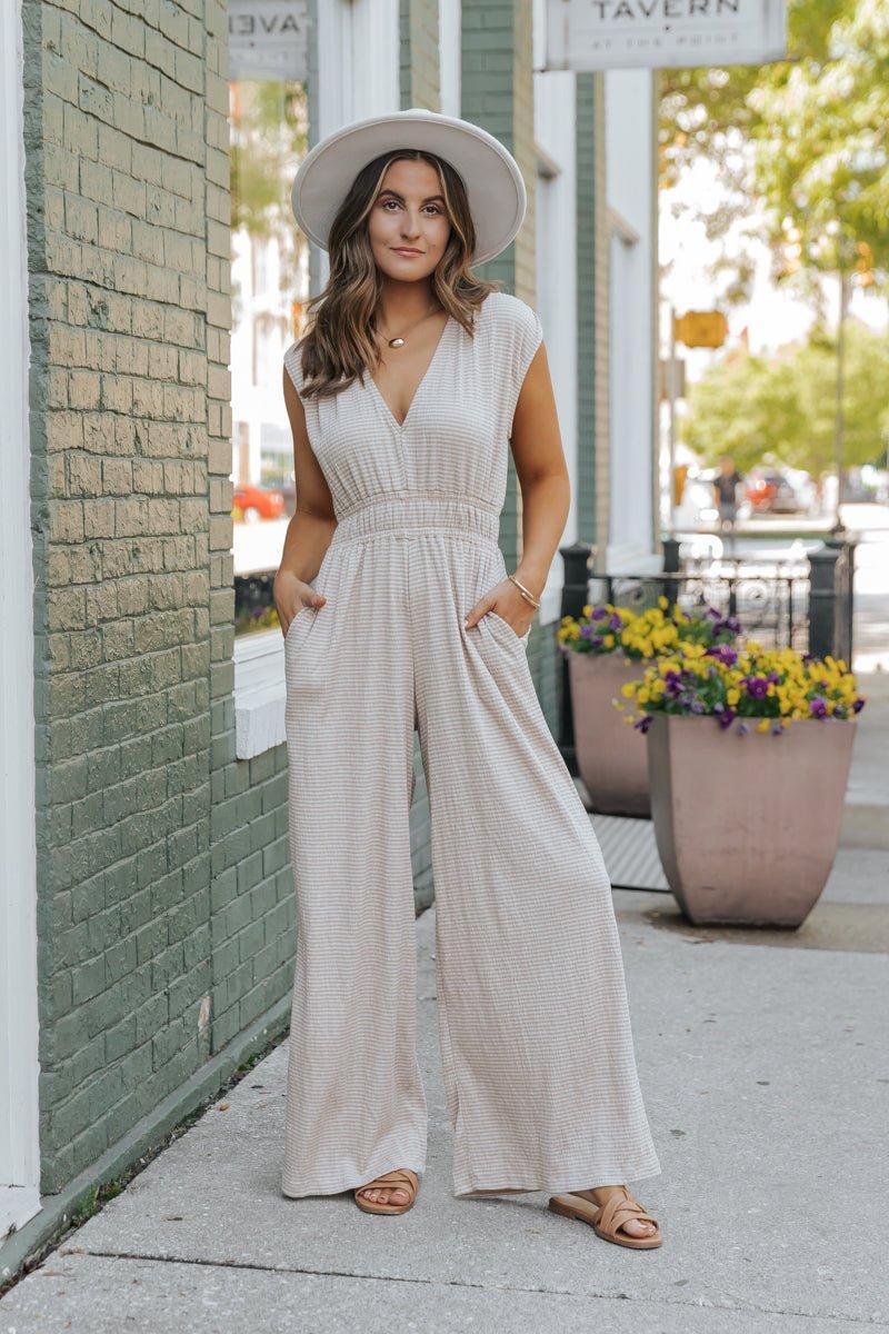 Taupe Striped Wide Leg Jumpsuit Product Image