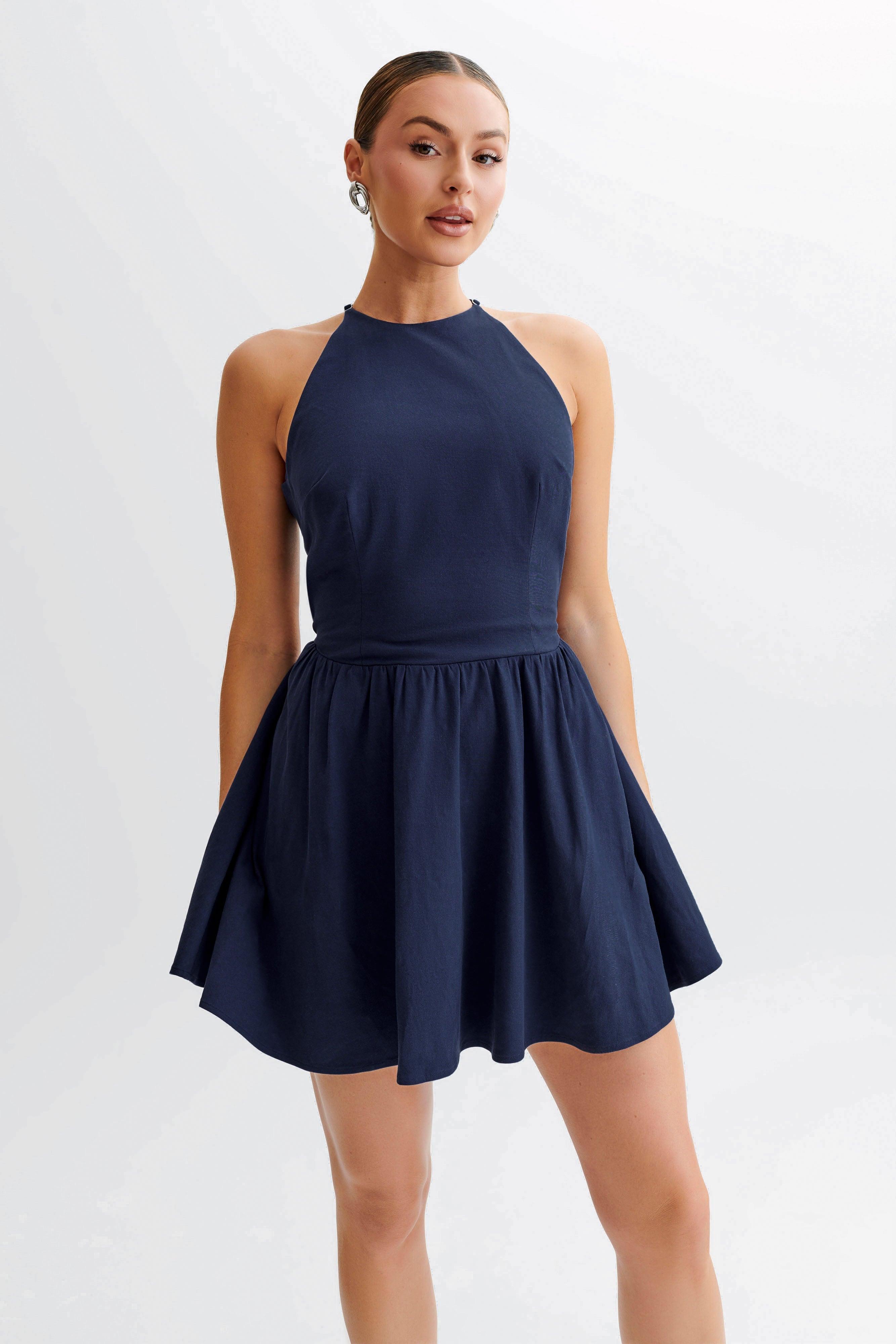 Carolina Cotton Halter Mini Dress - Navy Product Image