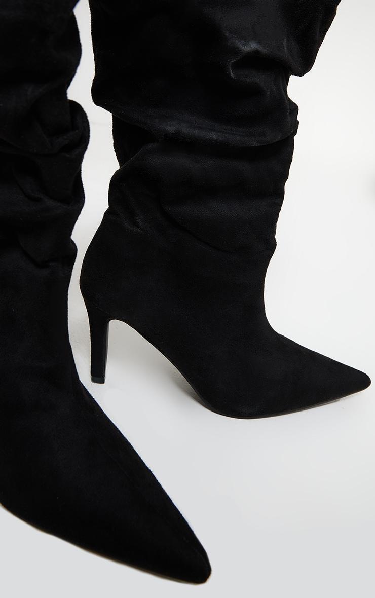 Black Faux Suede Ruched Mid Heeled Knee High Boots Product Image