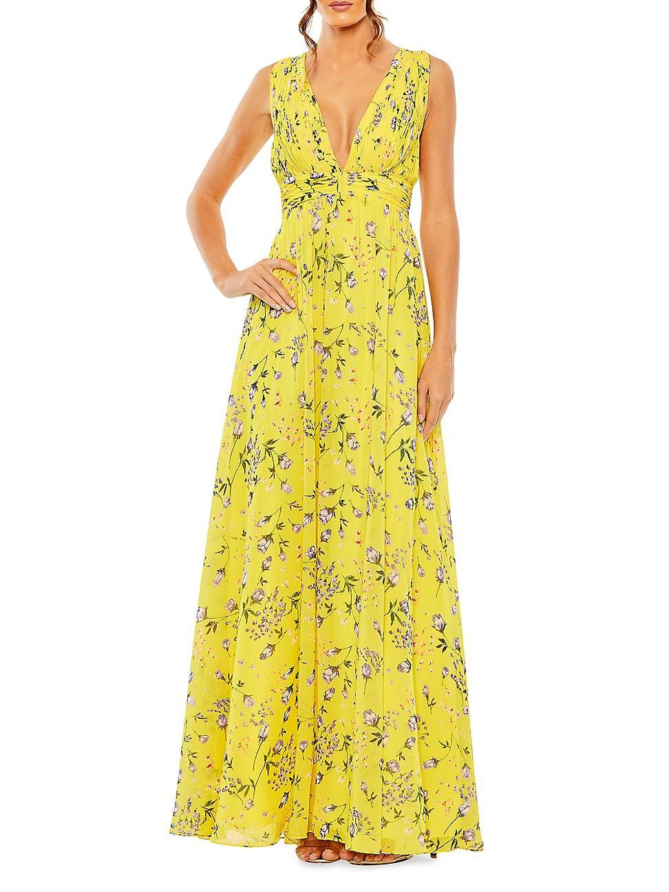 Mac Duggal Floral Print Pluning V-Neck Sleeveless Ruched Gown Product Image