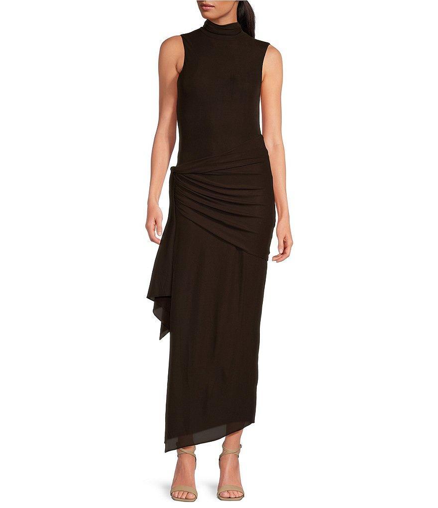 RONNY KOBO Crystal Knit Jersey Ruched Detail Mock Neck Sleeveless Side Slit Maxi Dress Product Image