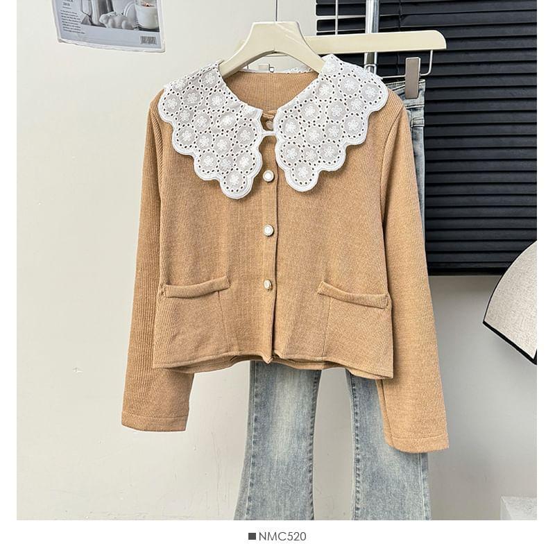 Lace-Collar Crew-Neck Cardigan in 5 Colors Product Image