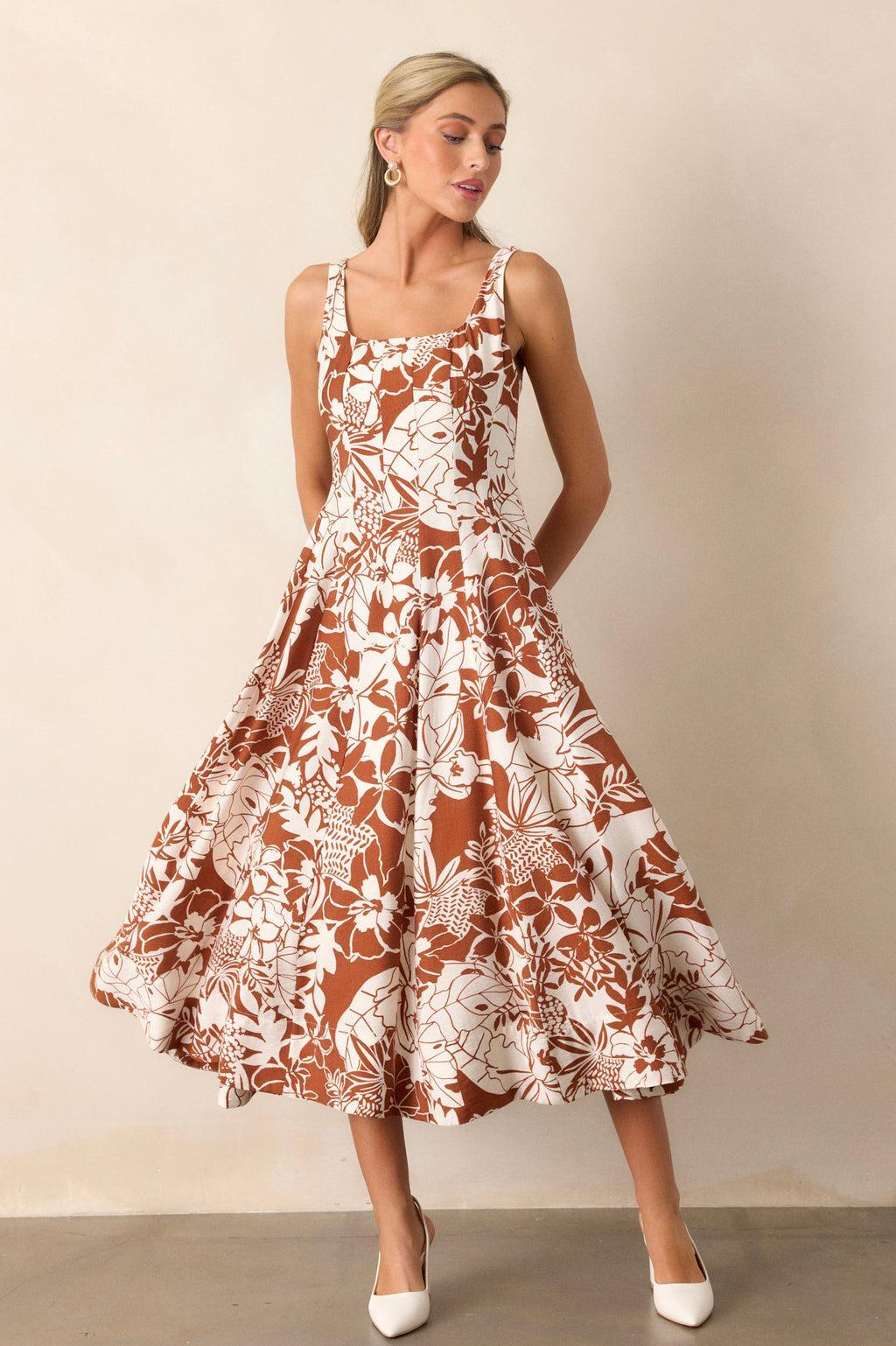 Young Love Caramel Floral Midi Dress Product Image