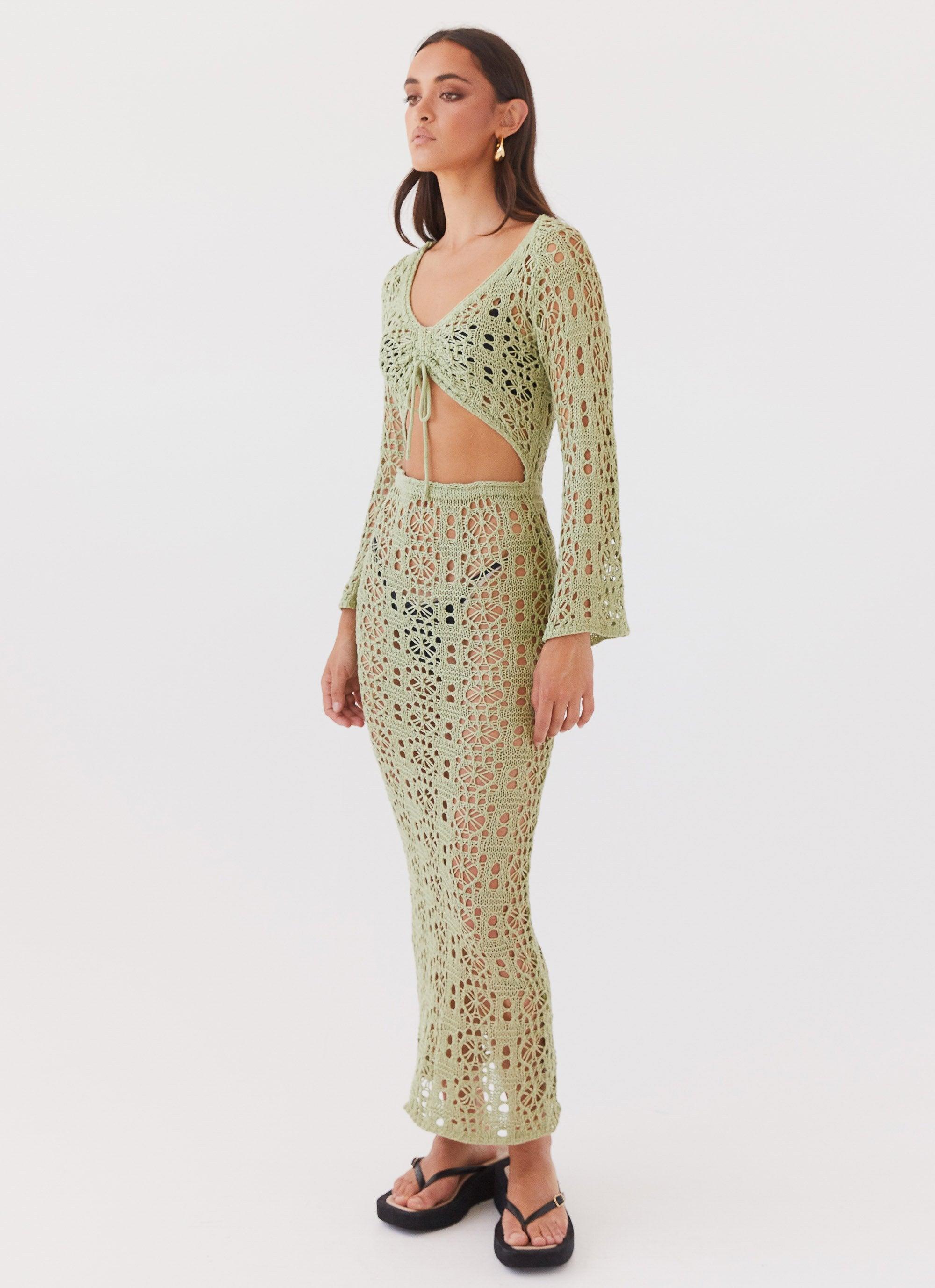 Seaside Soiree Crochet Maxi Dress - Light Olive Product Image