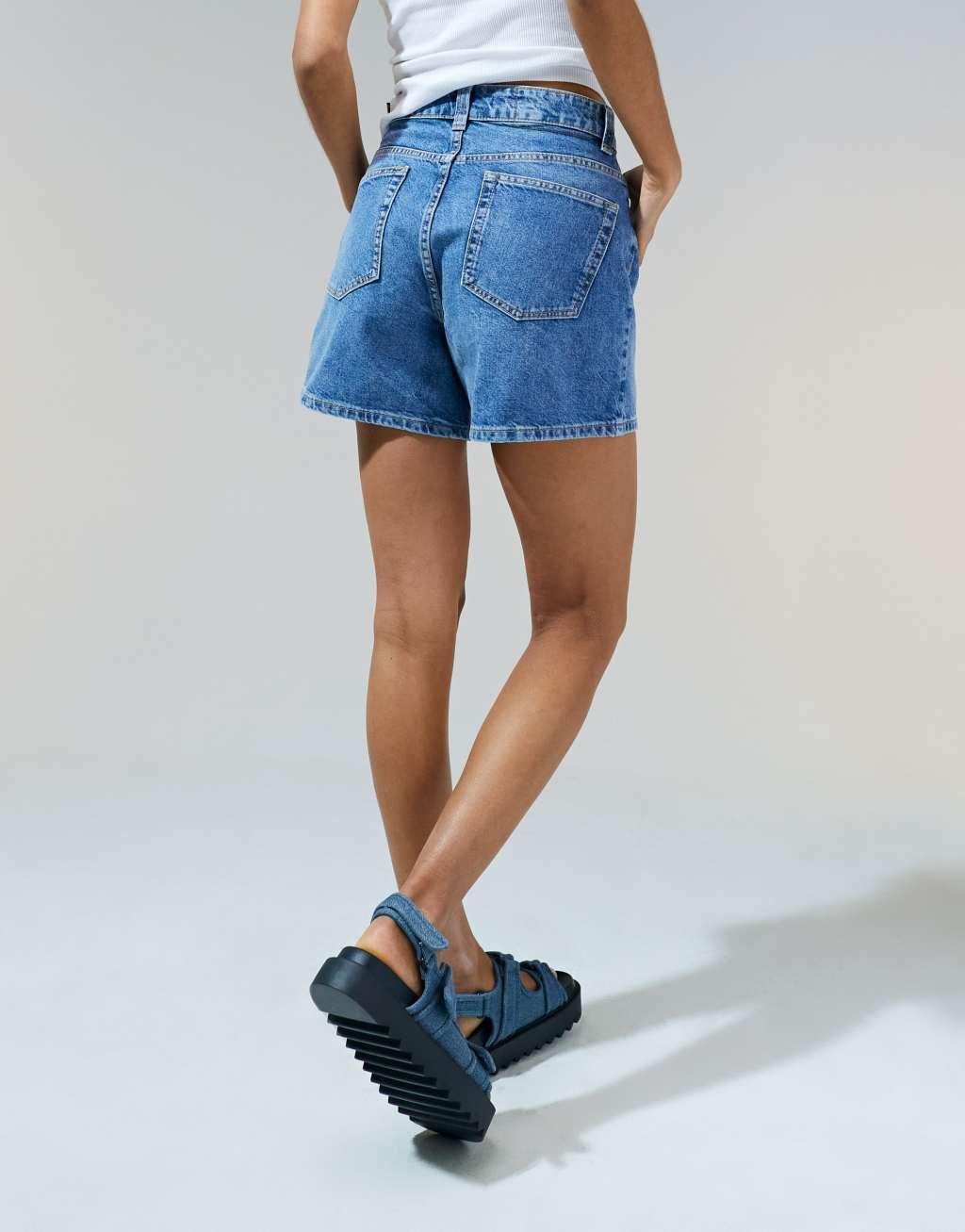 ASOS DESIGN denim dad shorts in midwash blue Product Image