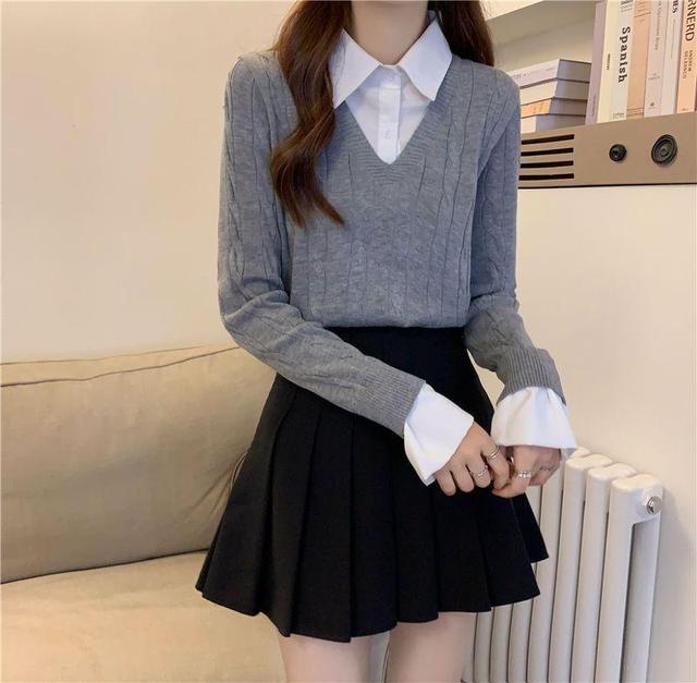 Long-Sleeve Collared Mock Two-Piece Two Tone Cable Knit Panel Blouse Product Image