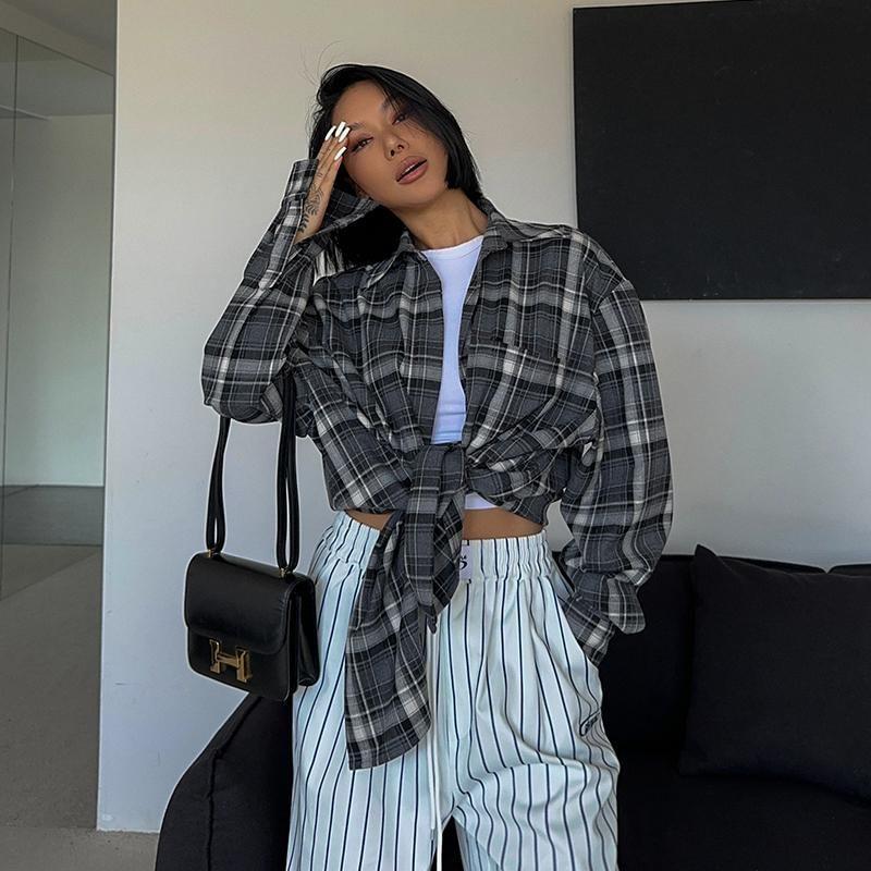 Long Sleeve Collared Plaid Oversized Shirt Product Image