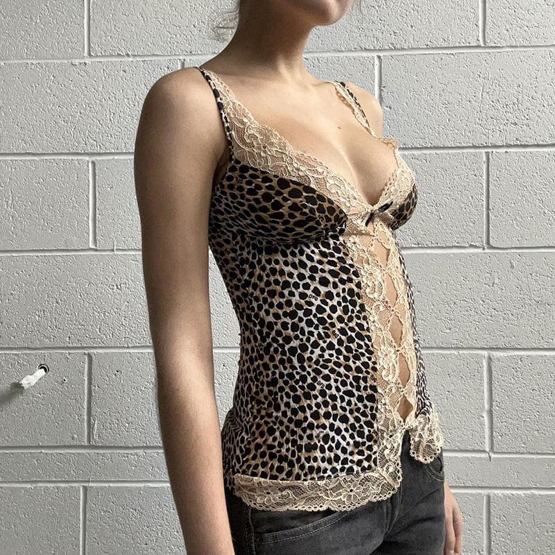 V-Neck Lace Panel Leopard Print Slim-Fit Cami Top Product Image