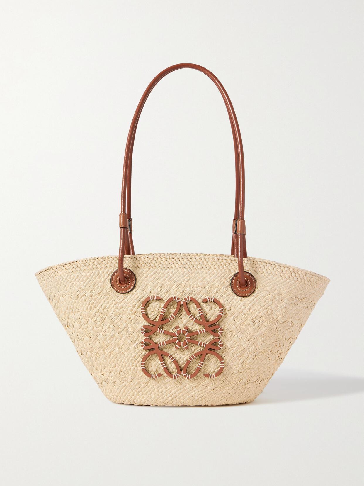 LOEWE + Paula's Ibiza Anagram Small Leather-trimmed Woven Raffia Tote In Brown Product Image