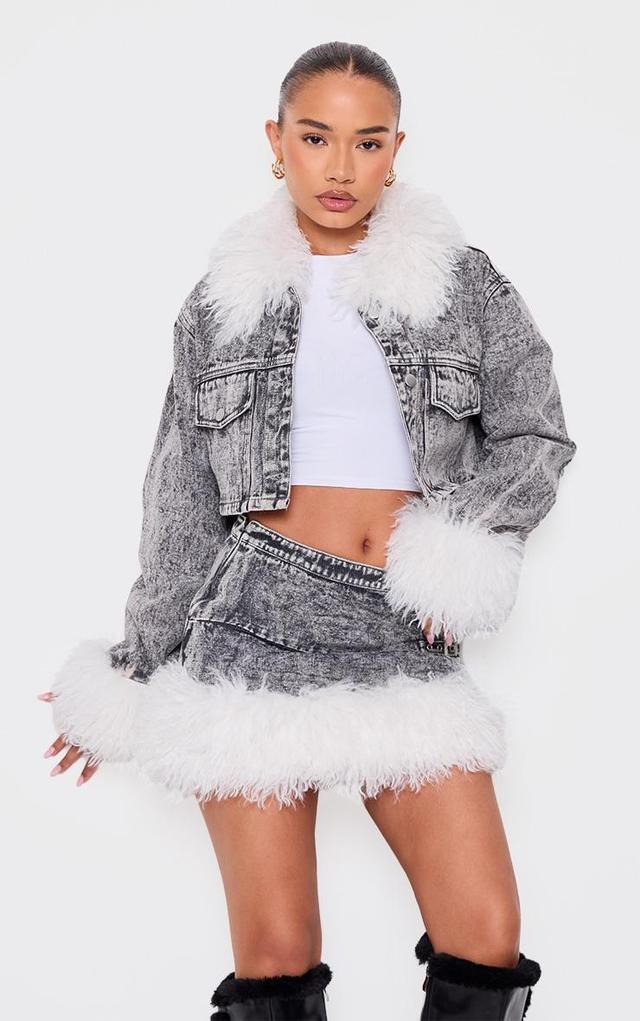 Petite Washed Black Denim Cropped Jacket With Fur Trims Product Image