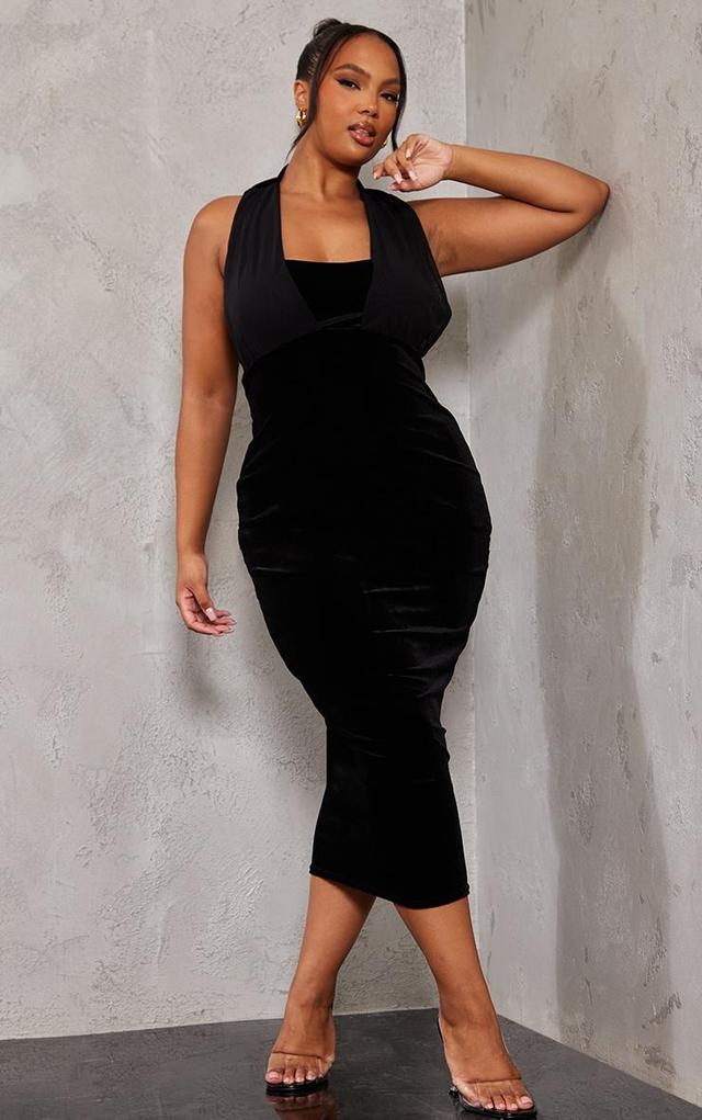 Plus Black Velvet Halterneck Mesh Midi Dress Product Image