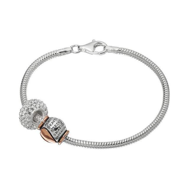 Individuality Beads Crystal Sterling Silver & 14k Rose Gold Over Silver Snake Chain Bracelet & Braver Stronger Smarter Heart Bead Set, Womens, Clear Product Image