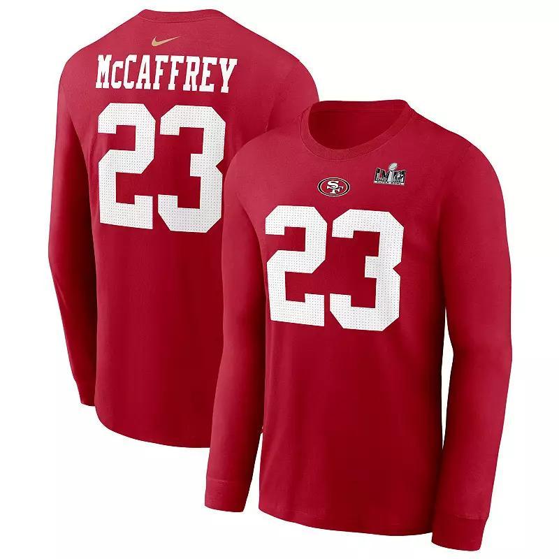 Mens Nike Christian McCaffrey Scarlet San Francisco 49ers Super Bowl LVIII Patch Player Name & Number Long Sleeve T-Shirt Product Image