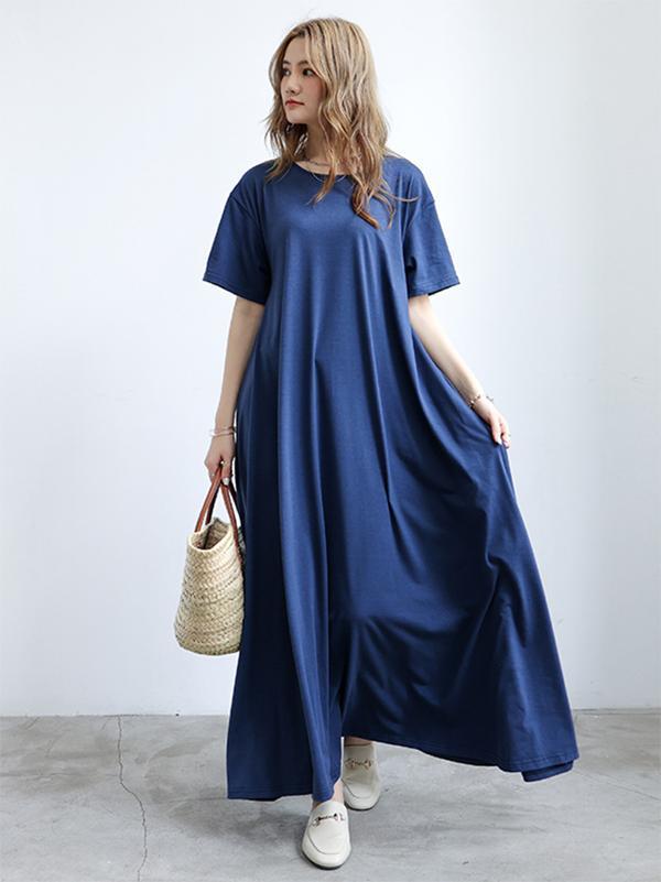 Simple Loose Short Sleeves Solid Color Round-Neck Maxi Dresses Product Image