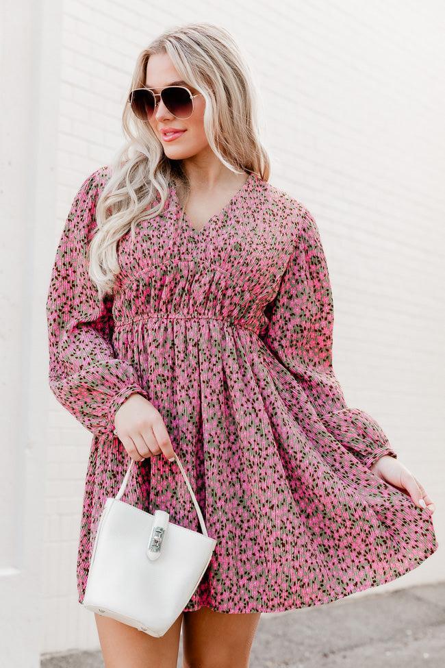 Always Ahead Pink Floral Textured V-Neck Long Sleeve Mini Dress FINAL SALE Product Image