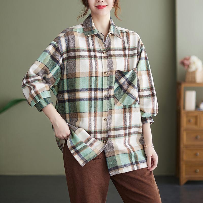 Long-Sleeve Plaid Pocket Detail Shirt Product Image