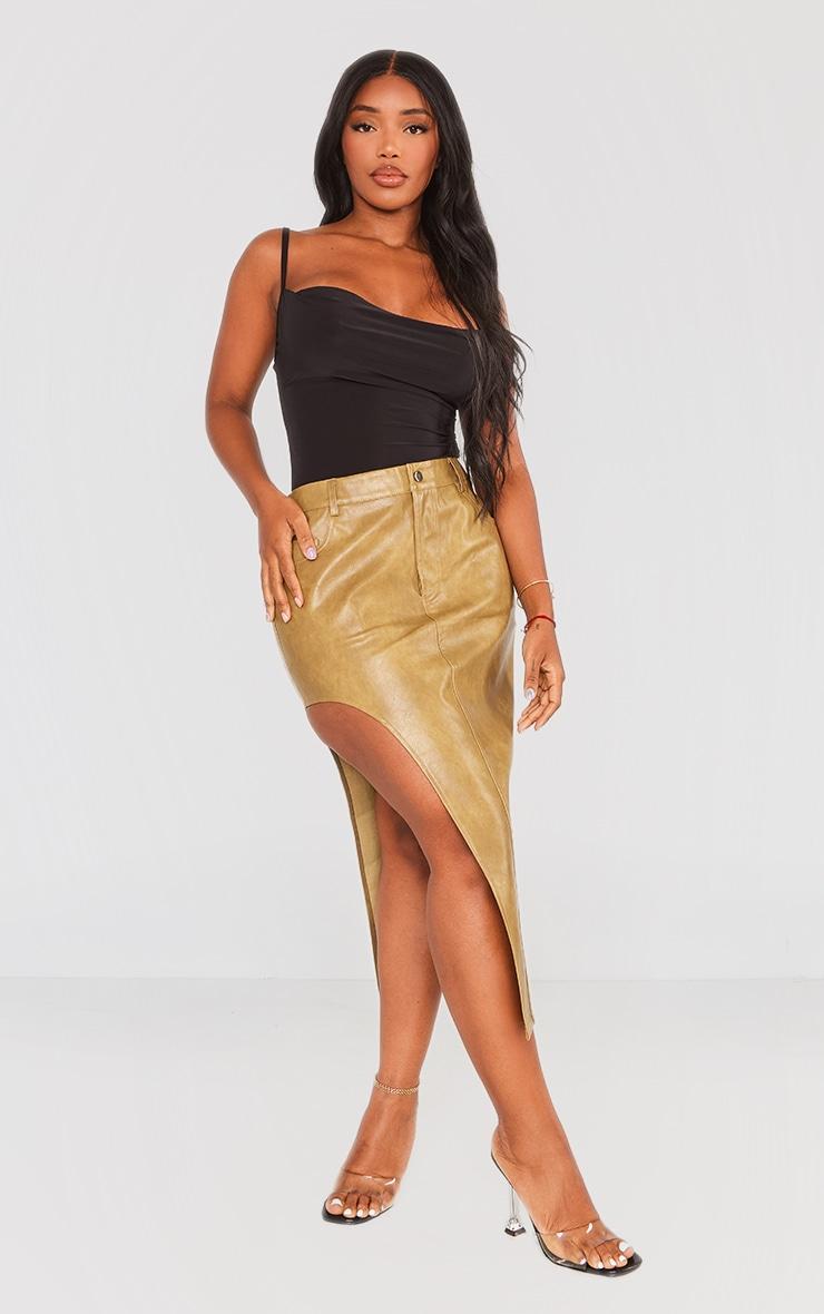 Shape Khaki Washed Faux Leather Asymmetric Midaxi Skirt Product Image