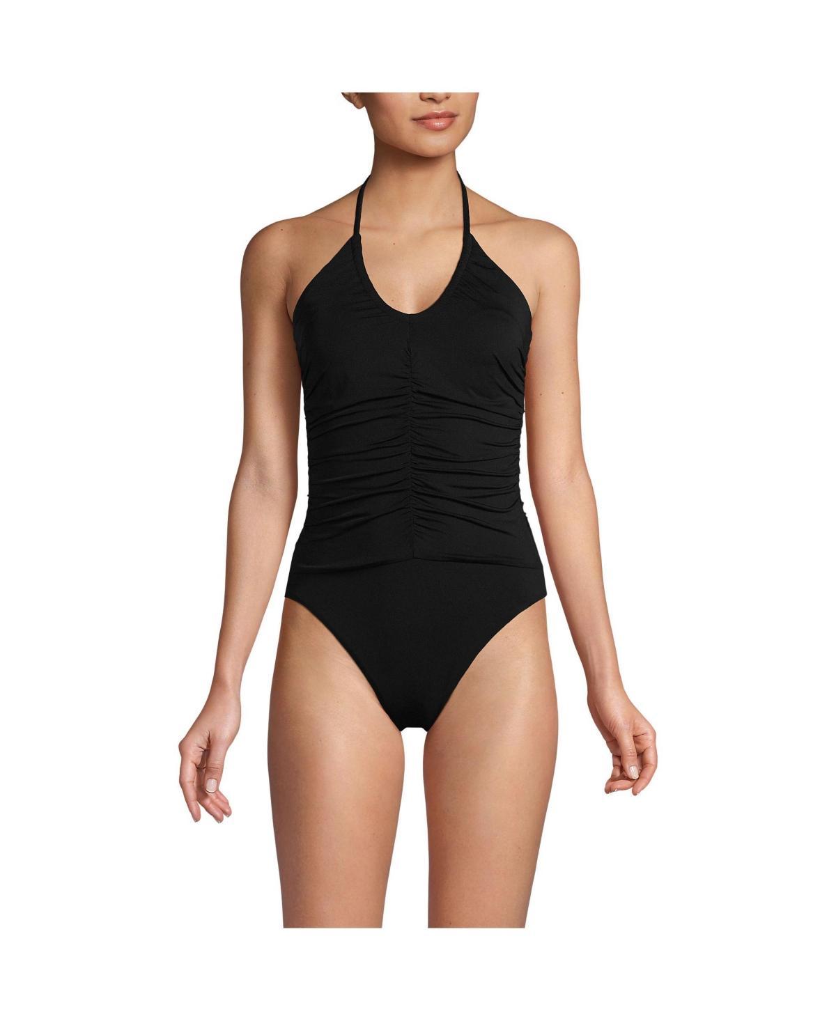 Lands End Womens Ruched Multi-Way V-Neck Halter High Leg One Piece Swimsuit Product Image