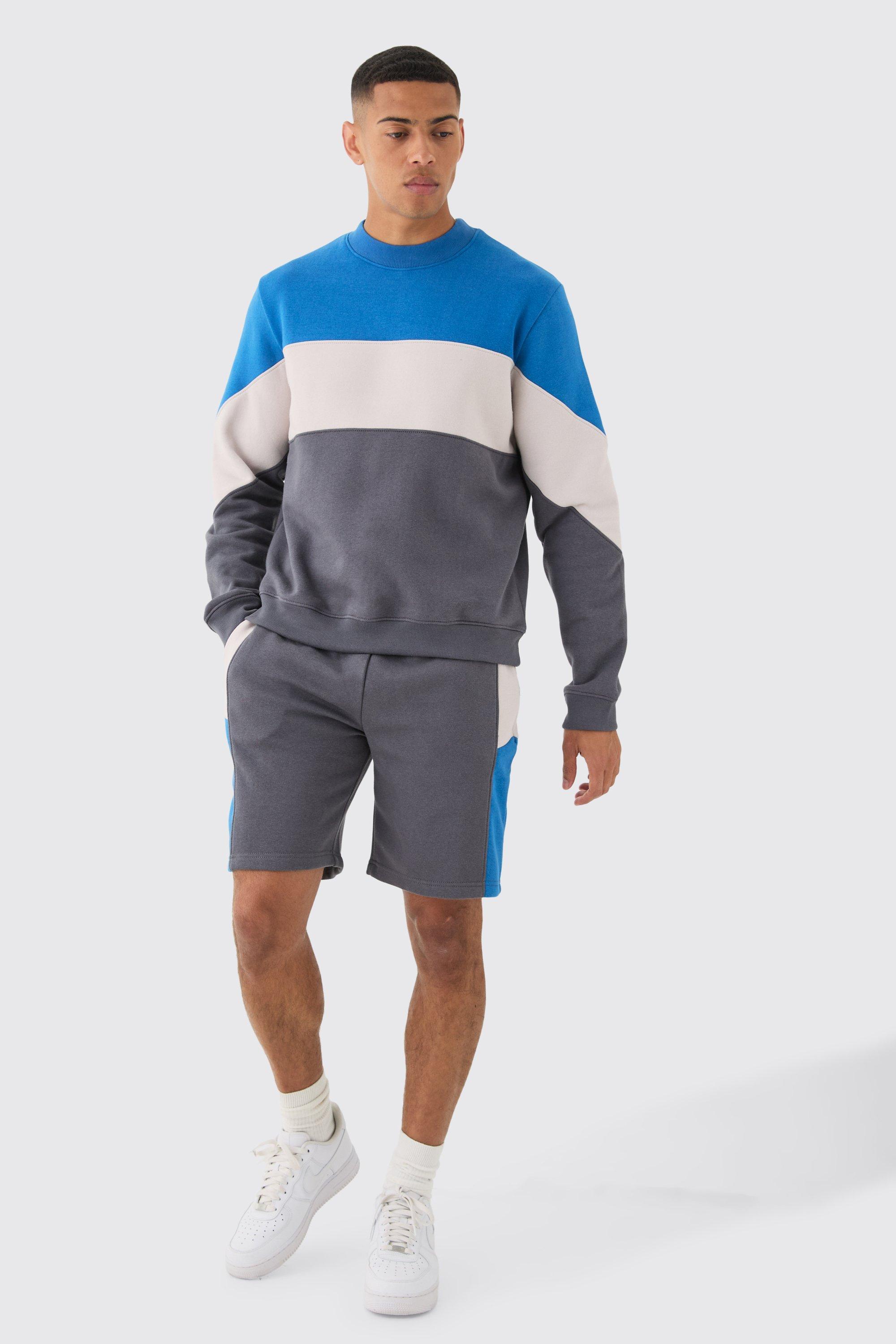 Mens Blue Colour Block Sweatshirt Short Tracksuit, Blue product image