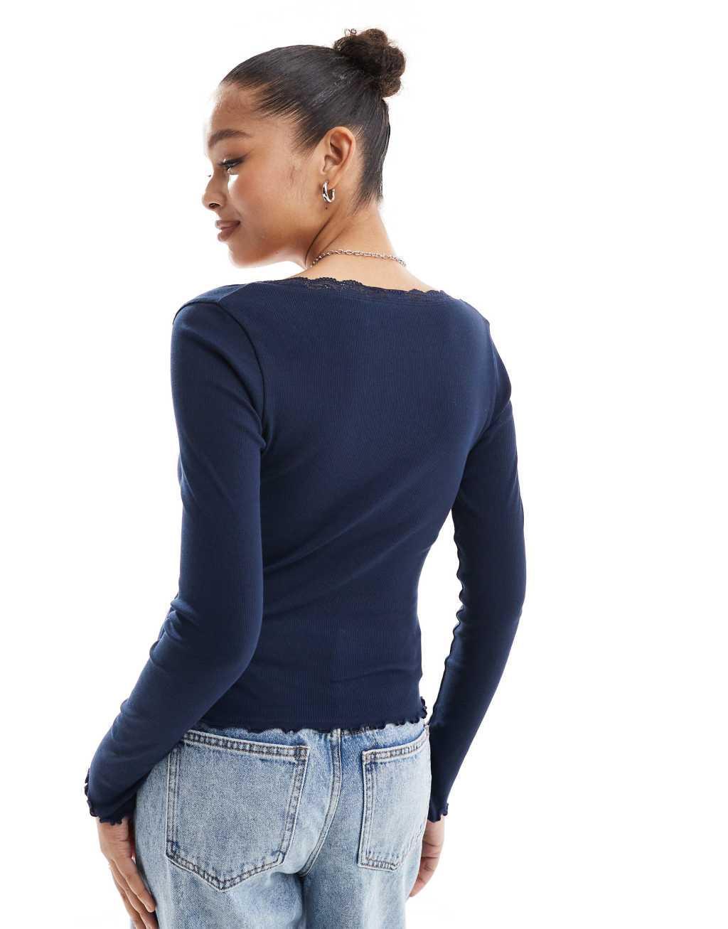 ASOS DESIGN scoop neck lace detail long sleeve t-shirt in navy Product Image