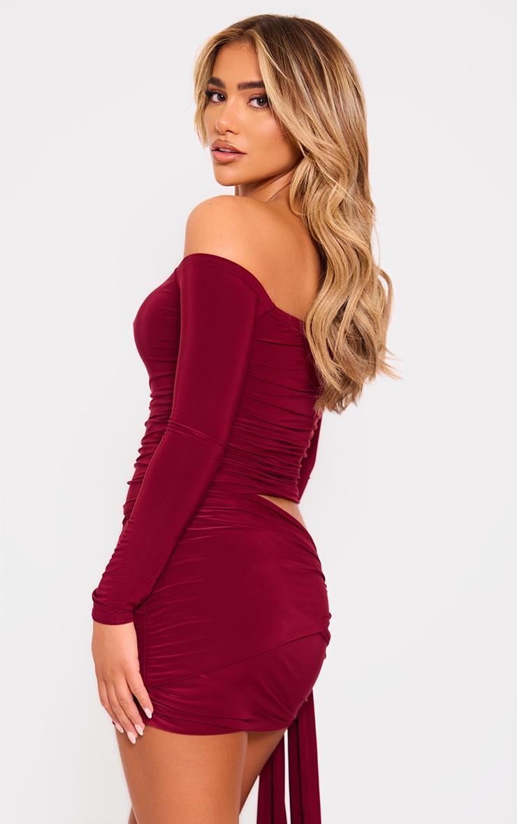 Burgundy Double Layer Long Sleeve Bardot Side Tie Mini Dress Product Image