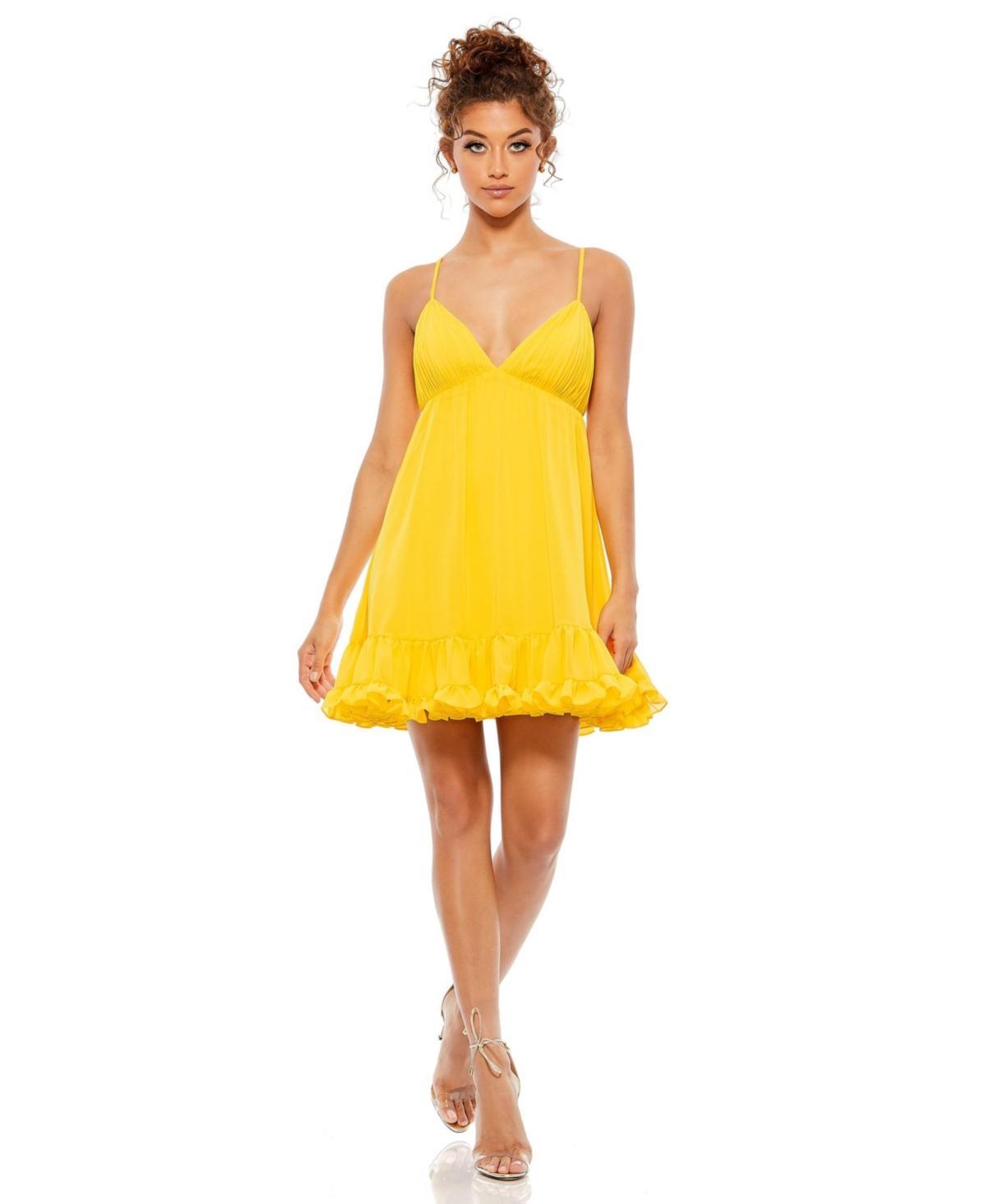 Mac Duggal Womens Ieena Ruffle V-Neck Criss-Cross Mini Dress Product Image