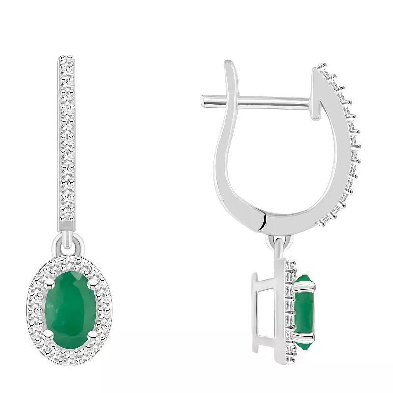 Celebration Gems Sterling Silver Oval-Cut Emerald & 1/3 Carat T.W. Diamond Hoop Drop Earrings, Womens Product Image