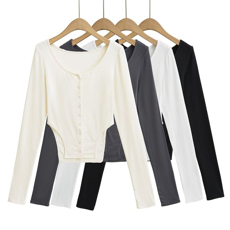 Long-Sleeve Scoop Neck Plain Asymmetrical T-Shirt Product Image