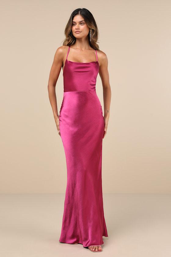 Inspire Romance Magenta Satin Cowl Neck Lace-Up Maxi Dress Product Image