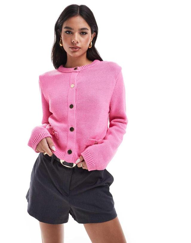 ASOS DESIGN crew neck cardigan with pocket detail in pink Product Image