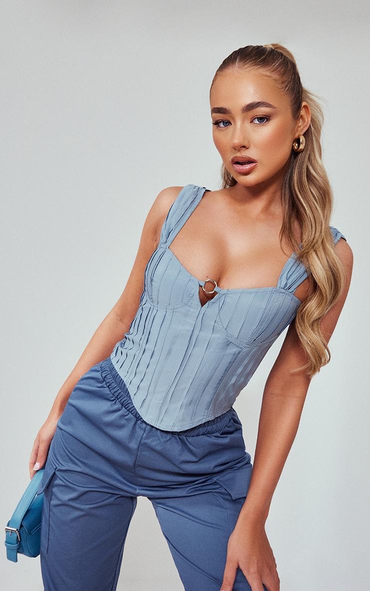 Blue Steel Pleated Woven Ring Detail Thick Strap Corset Top Product Image