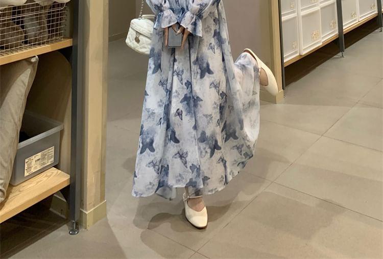 Puff-Sleeve V-Neck Floral Print Midi A-Line Dress Product Image