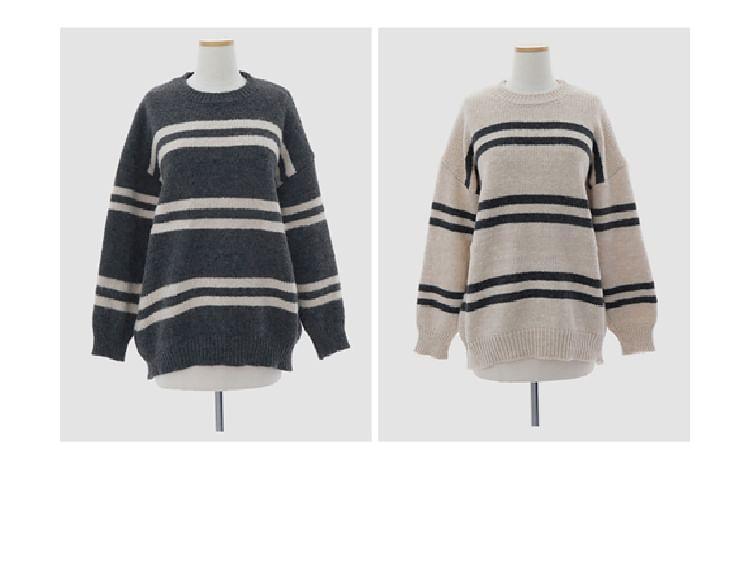 Drop Shoulder Striped Crew Neck Oversized Sweater Product Image