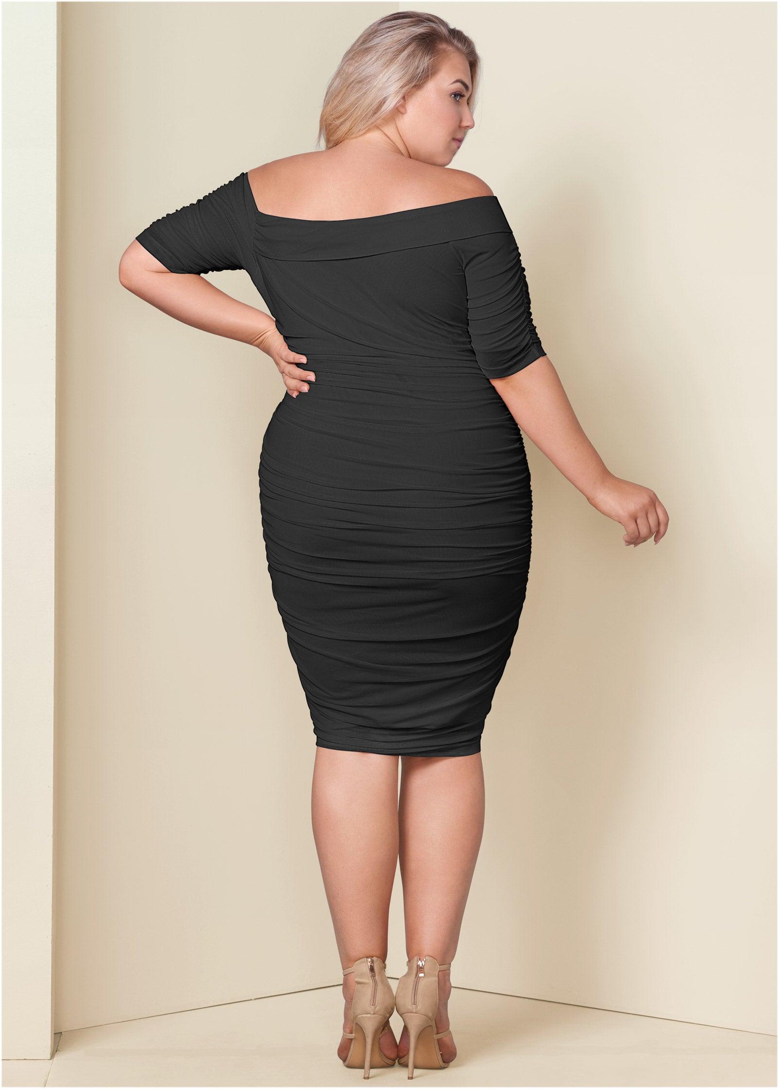 Ruched Mesh Bodycon Dress - Black Product Image