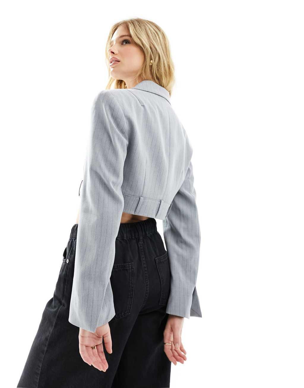 Bershka cropped blazer in gray pinstripe Product Image