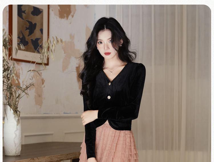 Long-Sleeve V-Neck Plain Button-Up Velvet Crop Blouse / High Waist Tiered Mesh Maxi A-Line Skirt / Set Product Image