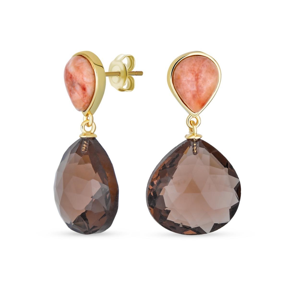 Bling Jewelry Elegant Translucent Gemstone Briolette Peach Chocolate Pear Shaped Natural Smoky Quartz Faceted Teardrop Drop Earrings Women 14K G Product Image