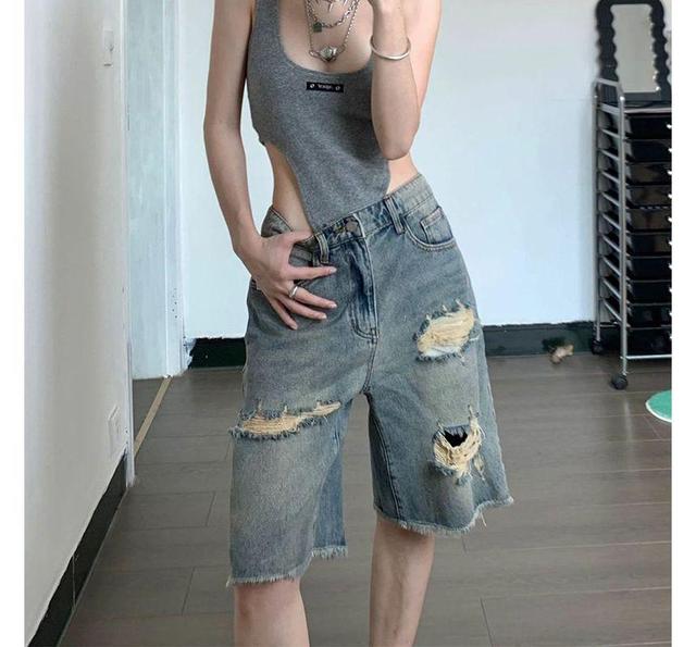 Mid Rise Distressed Washed Bermuda Denim Shorts Product Image