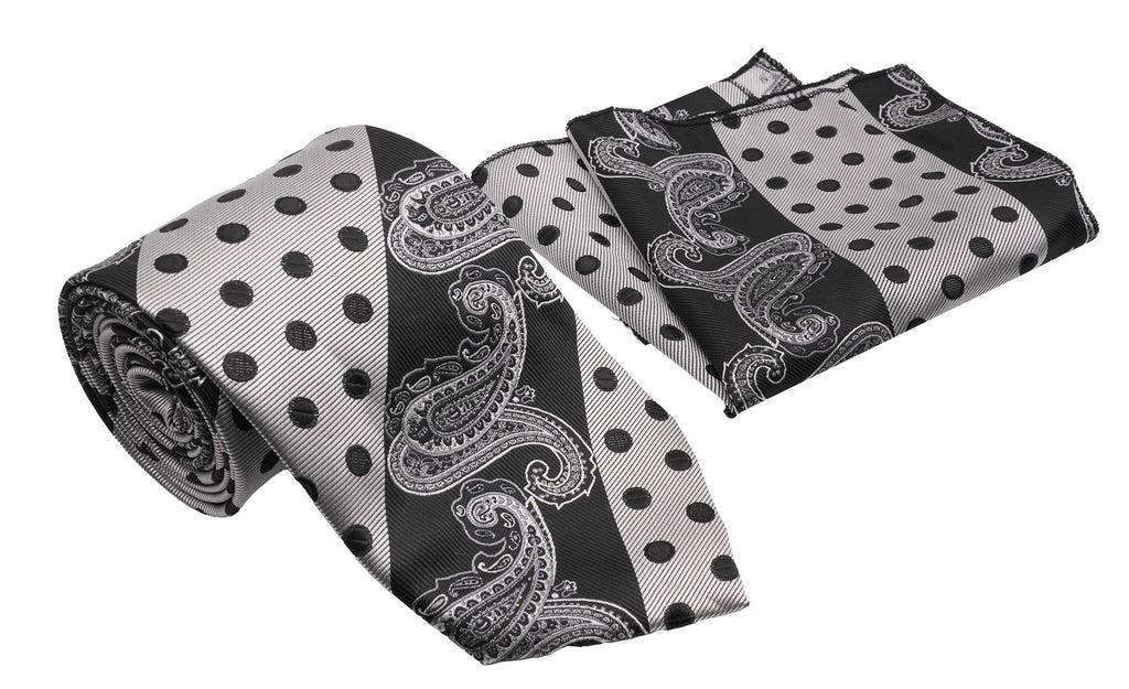 Black Silver Contrast Dots Paisley Pattern Men's Classic Tie and Pocket Square Set Product Image