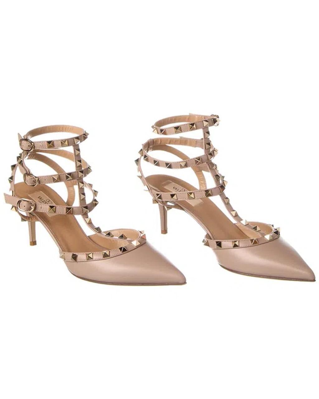 Rockstud Caged 65 Grainy Leather Ankle Strap Pump In Pink Product Image