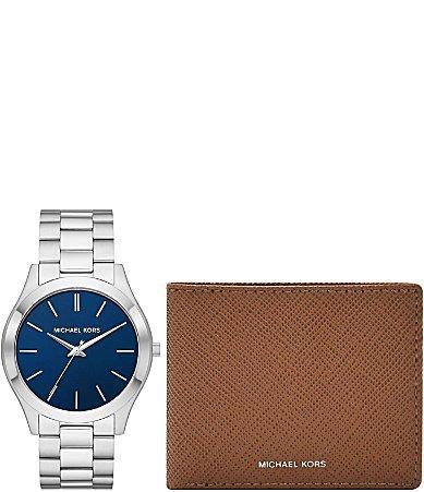 Michael Kors Mens Slim Runway Three-Hand Stainless Steel Bracelet Watch and Luggage Saffiano Leather Wallet Set Product Image