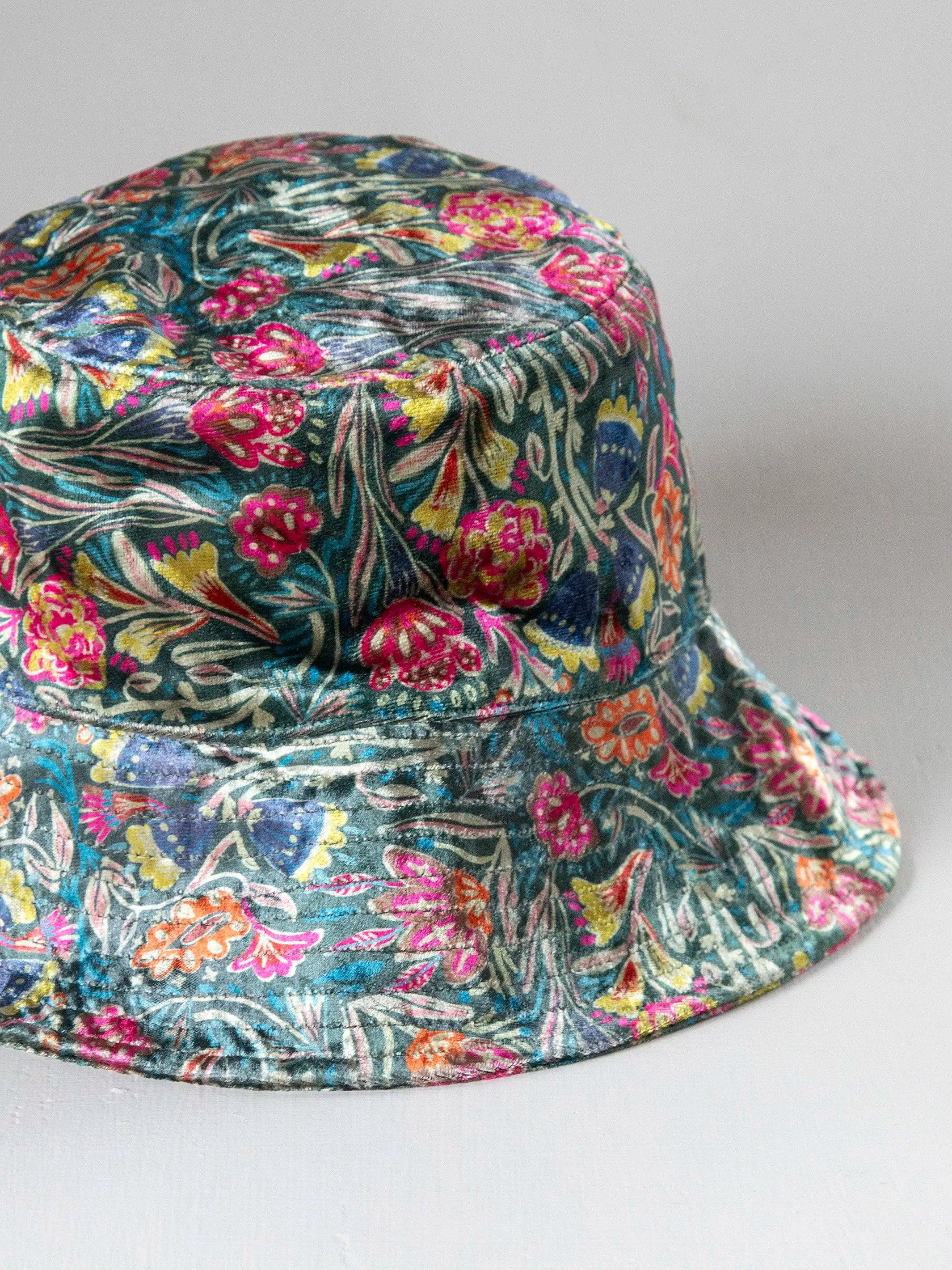 Printed Velvet Bucket Hat - Green Lined Floral Product Image