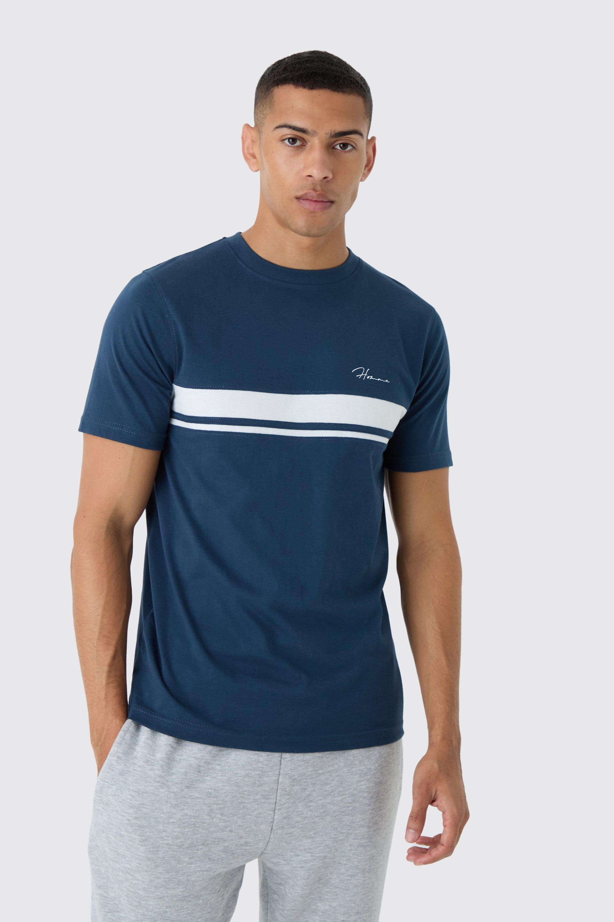 Mens Navy Slim Homme Script Colour Block T-shirt, Navy Product Image