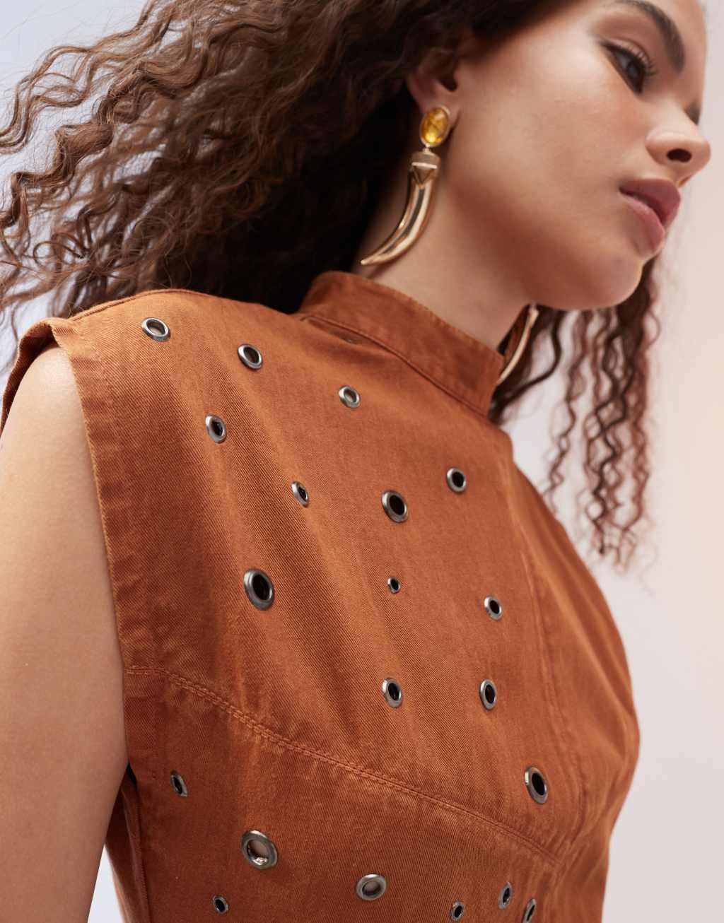 ASOS DESIGN acid wash twill eyelet detail mini dress in tan Product Image