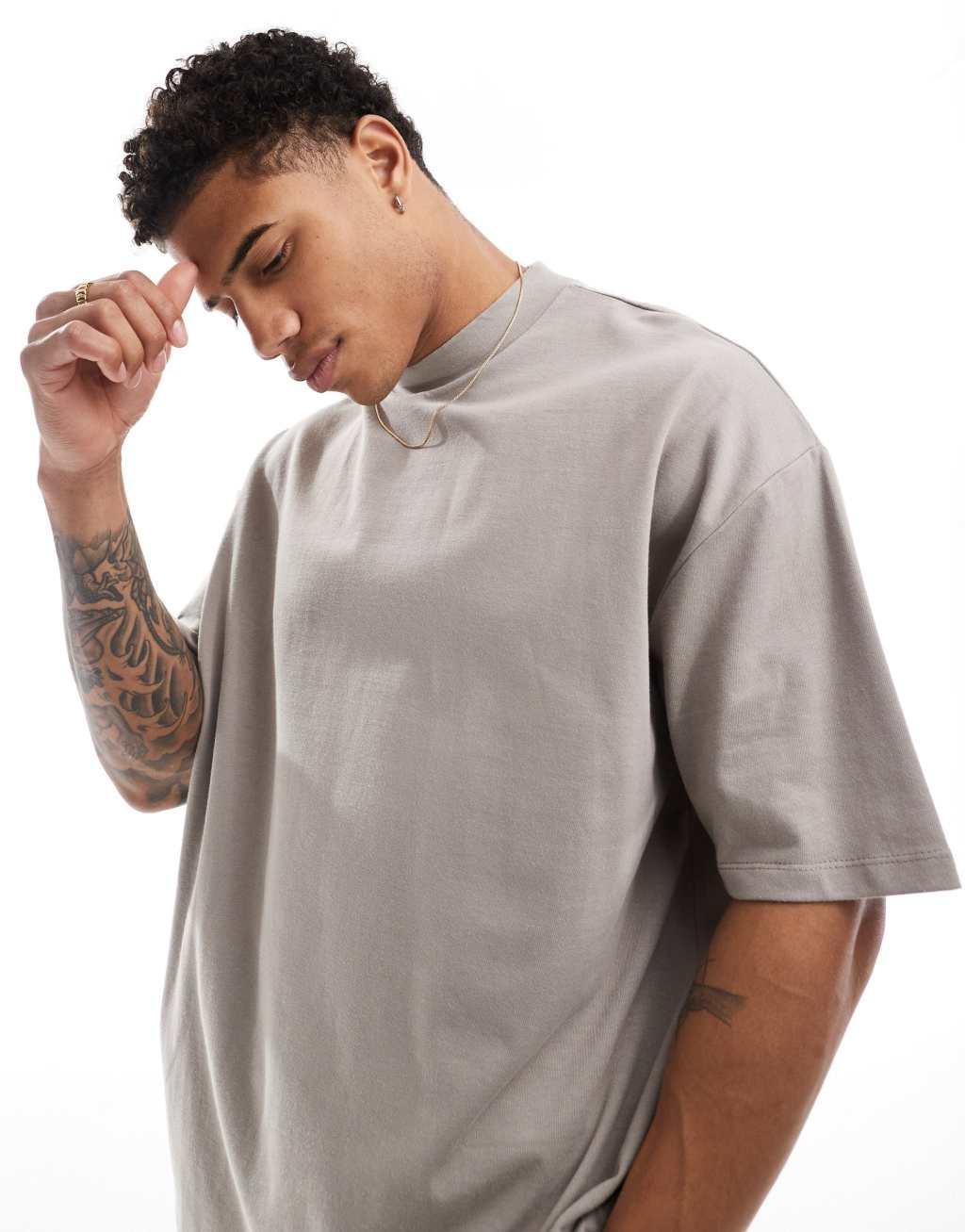 ASOS DESIGN essential heavyweight oversized high neck t-shirt 240gsm in brown Product Image