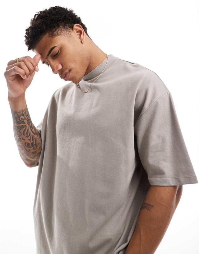 ASOS DESIGN essential heavyweight oversized high neck t-shirt 240gsm in brown Product Image