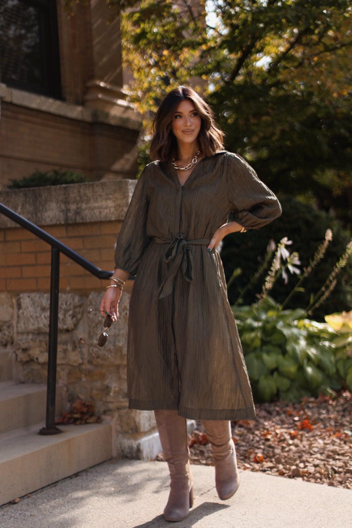 Olive Button Down Belted Midi Dress Female Product Image