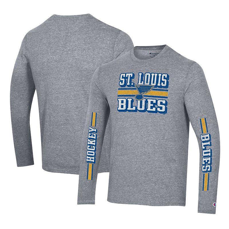 Mens Champion Heather Gray St. Louis Blues Tri-Blend Dual-Stripe Long Sleeve T-Shirt Product Image