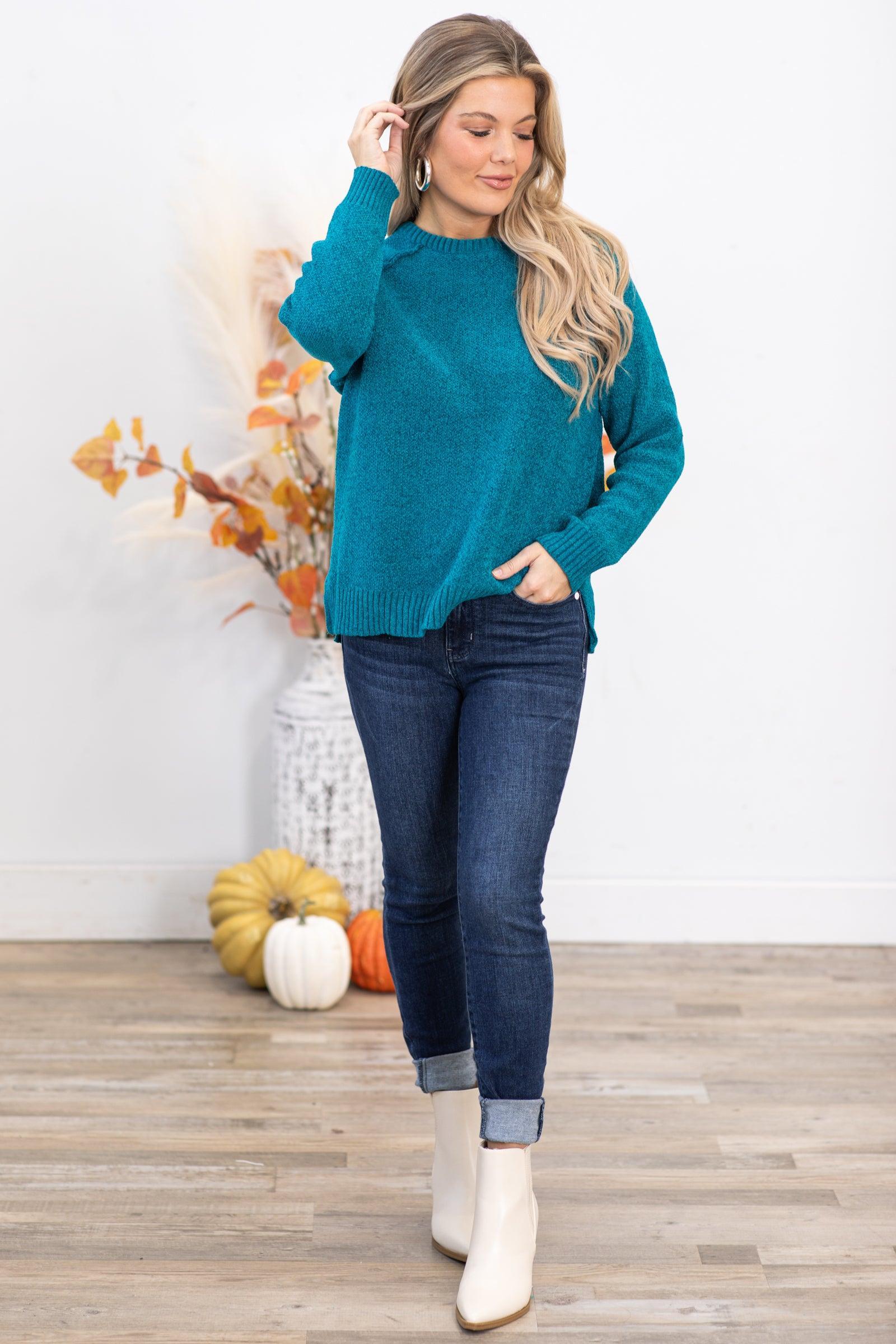 Teal Raglan Sleeve Chenille Sweater Product Image