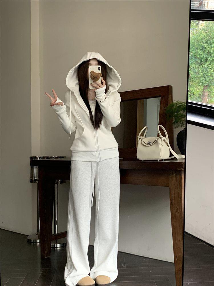 Plain Zip-Up Hoodie / Drawstring Waist Wide Leg Sweatpants Product Image